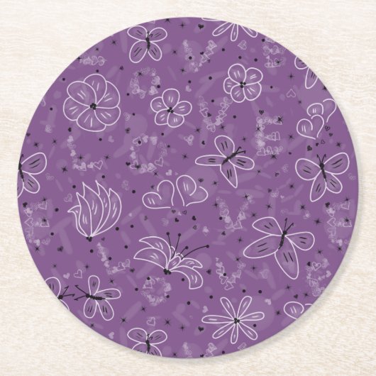Violet Mauve Butterfly LOVE – シームレスパターン。 ラウンドペーパーコースター (正面)