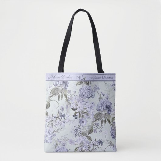 Violet & Mint Hydrangea & Lilacs Personalized Tote トートバッグ (正面)
