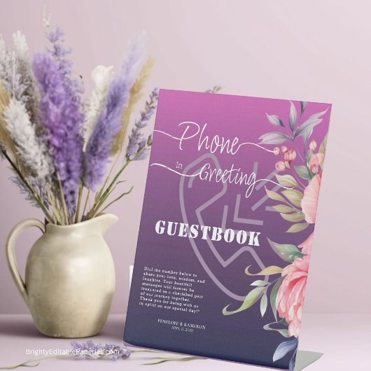 Violet Pink Peonyの電話結婚グリーティングゲストブック 台座サイン