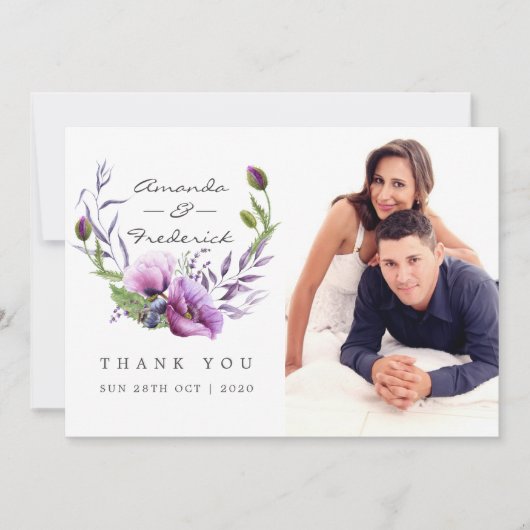 Violet Poppyフローラ結婚の感謝の写真 サンキューカード (正面)