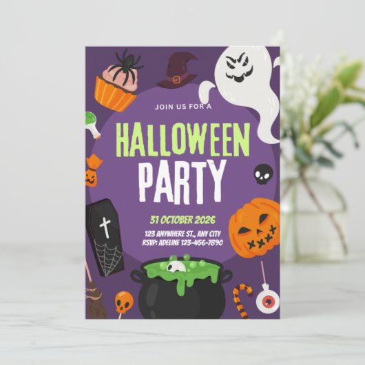 Violet Pumpkin Boo Cute Halloween Party Invitation 招待状 (スタンド正面)