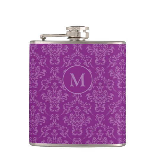 Violet Purple Elegant Vintage Damask Monogram フラスク (正面)