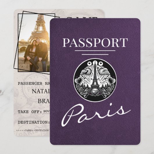 Violet Purple Paris Passport日付の保存 セーブザデート (正面/裏面)