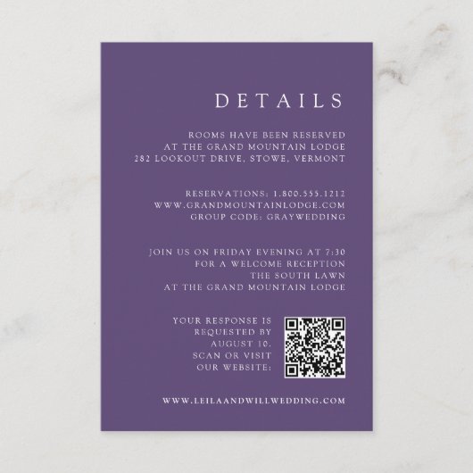 Violet Purple QRコードRSVPと結婚の詳細 エンクロージャーカード (正面)
