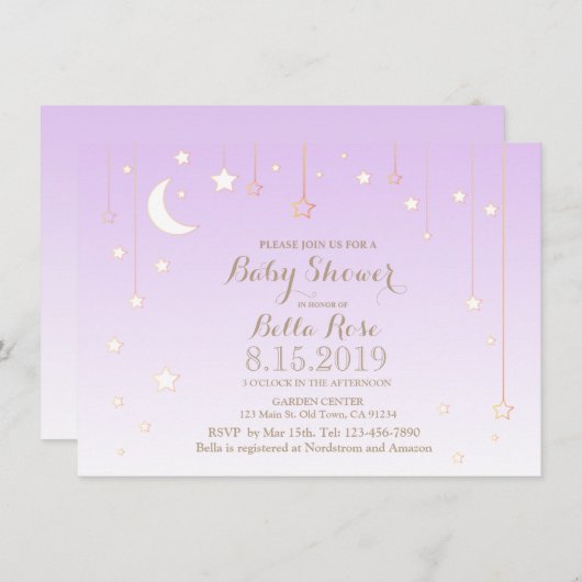 Violet star moon baby girl by shower招待 招待状 (正面/裏面)