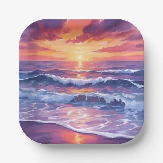 Violet Tide | 紫の夕焼けの海の波の絵 ペーパープレート (正面)