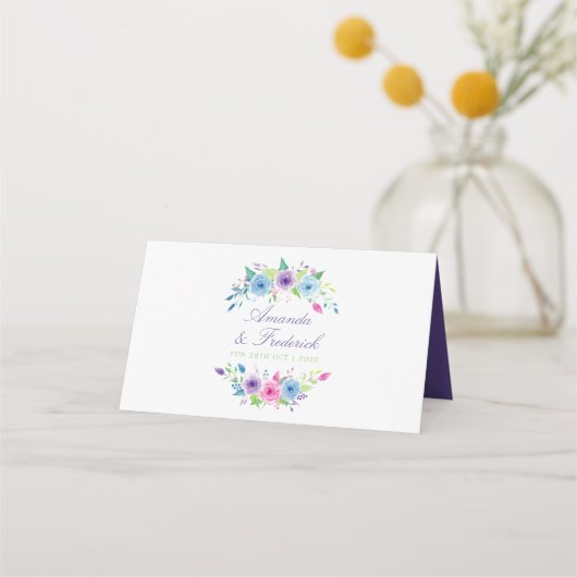 Violet Waterカラー結婚フローラのテーブル番号 プレイスカード (裏面)