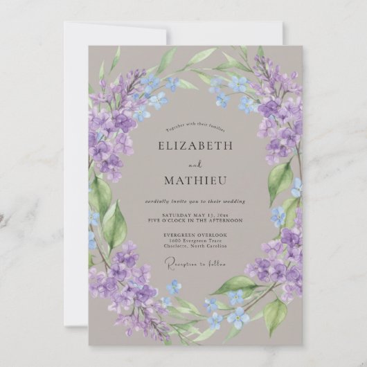 Violet Watercolor Botanical Rustic Wedding 招待状 (正面)