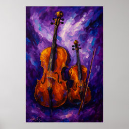Violin and Cello Against Purple Background ポスター