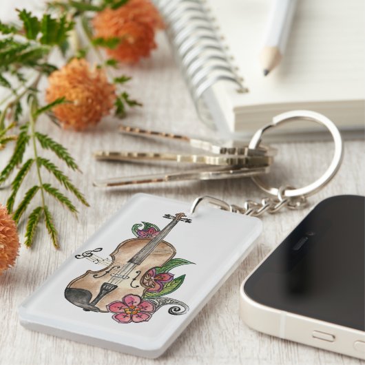 Violin and Flowersデザインon a Keychain キーホルダー (正面右)