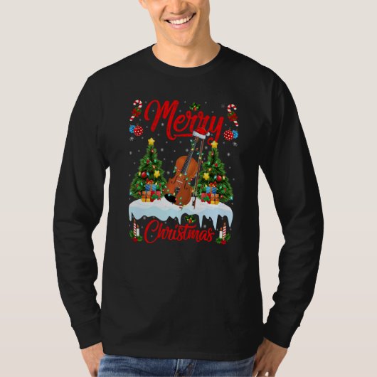 Violin  Lights Xmas Tree Santa Violin Christmas Tシャツ (正面)