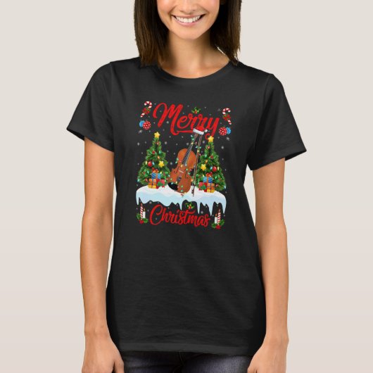 Violin  Lights Xmas Tree Santa Violin Christmas Tシャツ (正面)