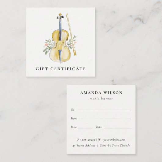 Violin Musician Music Teacher Gift Certificate スクエア名刺 (正面/裏面)
