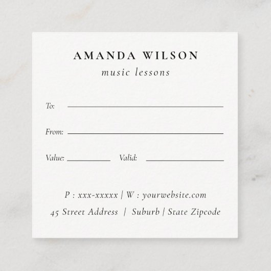 Violin Musician Music Teacher Gift Certificate スクエア名刺 (裏面)