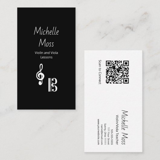 Violin Viola Music Lessons Black White Simple  名刺 (正面/裏面)