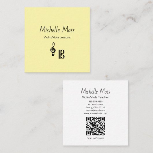 Violin Viola Music Lessons QR code Yellow Musical スクエア名刺 (正面/裏面)