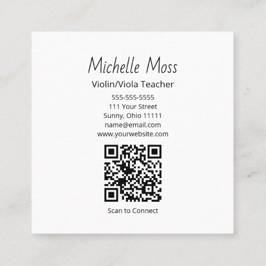 Violin Viola Music Lessons QR code Yellow Musical スクエア名刺 (裏面)