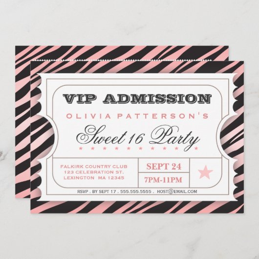 VIPチケットゼブラグラムスイート16バースデーパーティーピンク 招待状 (正面/裏面)