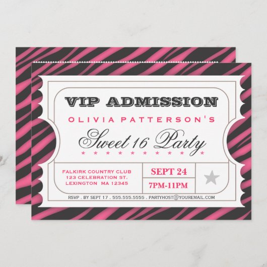 VIPチケットゼブラグラムスイート16バースデーパーティー 招待状 (正面/裏面)