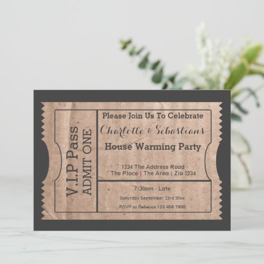 VIPパスハウスウォーミングダンボールテーマのチケット 招待状 (スタンド正面)