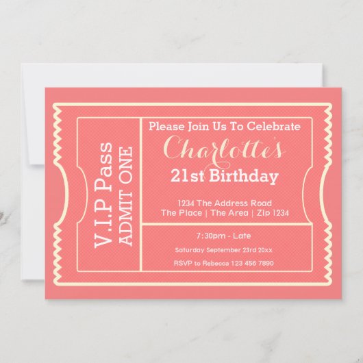 VIPパスパーティー入場料チケットピンク 招待状 (正面)