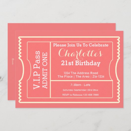 VIPパスパーティー入場料チケットピンク 招待状 (正面/裏面)