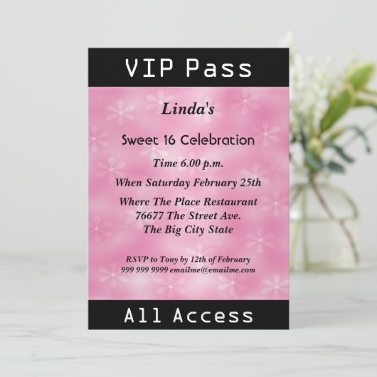 VIPパス甘い16誕生日パーティーピンク 招待状 (スタンド正面)