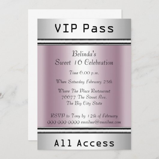VIPパス甘い16誕生日パーティーホワイトピンク 招待状 (正面/裏面)