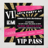 VIPパス ガールズダンスパーティー スリープオーバー ティーンエイジャーの女の子 招待状 (正面/裏面)