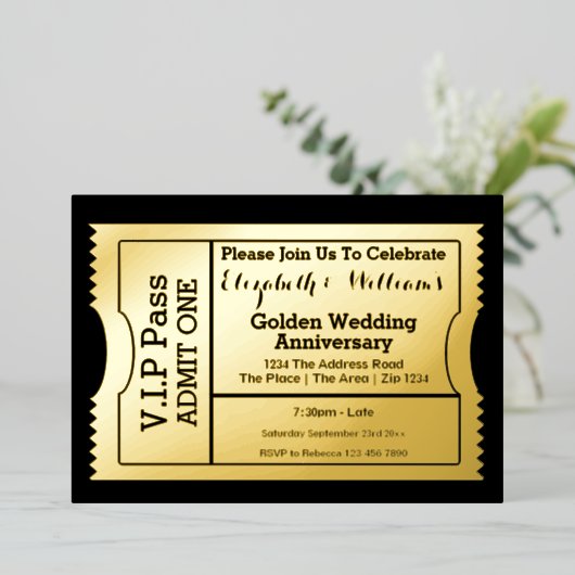 VIPパス ゴールデンウエディングアニバーサリー チケット 箔招待状 (立ち正面)
