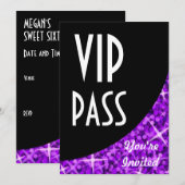 「VIPパス」招待状 グリッツ パープル ブラック カーブ, 星がちりばめられたスタイリッシュな曲線 招待状 (正面/裏面)