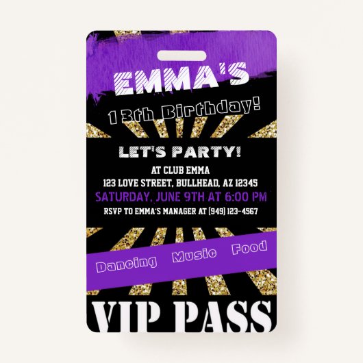 VIPパープル&金ゴールド任意のイベントパス誕生日招待状 バッジ (正面)