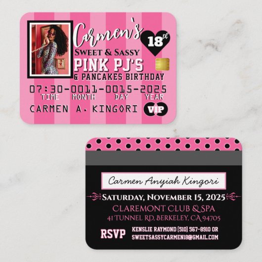 VIPピンクのストライプ写真クレジットカード招待状 エンクロージャーカード (正面/裏面)