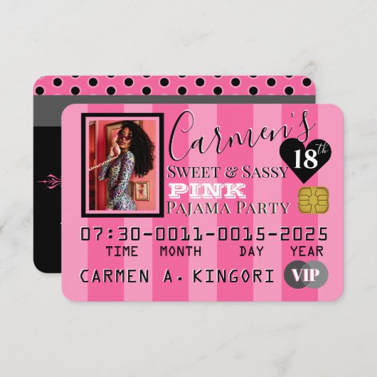 VIPピンク&ブラックフォトバースデーパーティーのクレジットカード 招待状 (正面/裏面)