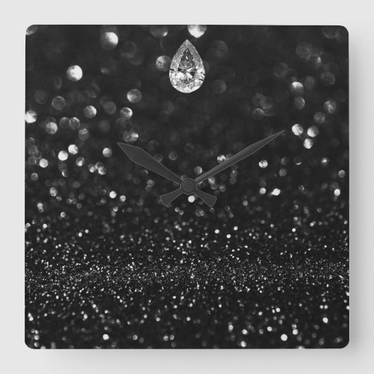VIPブラックミニマルシルバーダイヤモンドグラファイトグリッター スクエア壁時計 (正面)