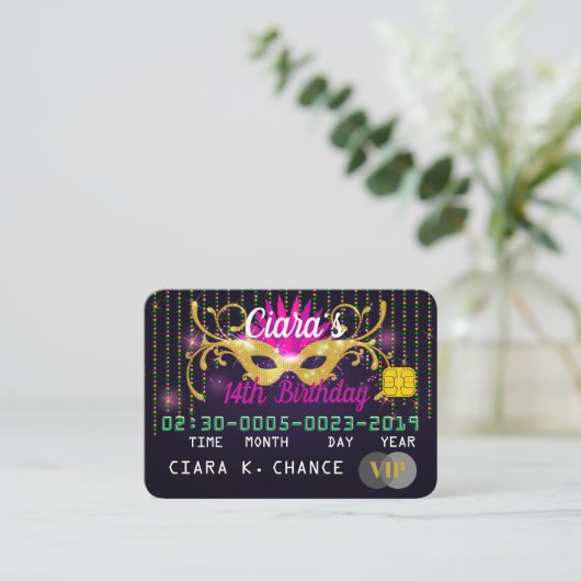 VIPマスカレード誕生日クレジットカード招待状 エンクロージャーカード (スタンド正面)
