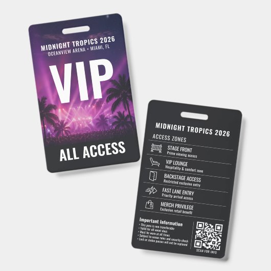 VIP All Access Pass Minimalist Black Event Plastic バッジ (正面＆裏面)