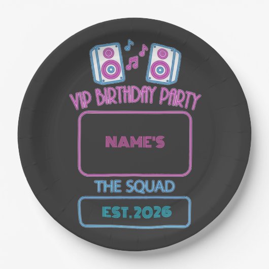 VIP Birthday Party Neon Squad Personalized Guest N ペーパープレート (正面)