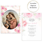 Virgin and Child Soft Pink Roses Catholic Baptism 招待状