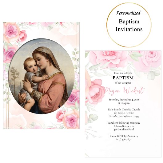 Virgin and Child Soft Pink Roses Catholic Baptism 招待状