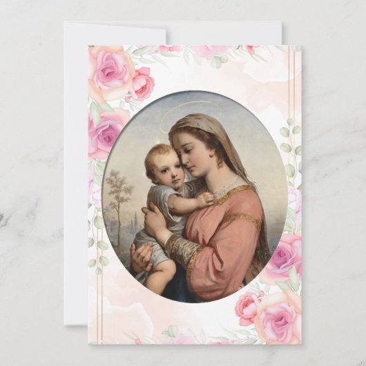 Virgin and Child Soft Pink Roses Catholic Baptism 招待状 (正面)