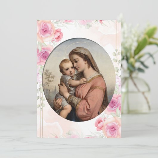 Virgin and Child Soft Pink Roses Catholic Baptism 招待状 (スタンド正面)