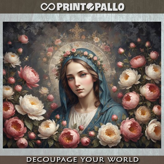 Virgin Mary with halo and flowers 薄葉紙