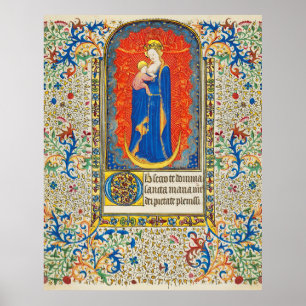 VIRGIN WITH CHILD AND ANGELS Antique Floral Swirls ポスター