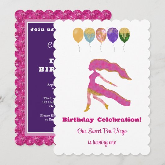 Virgo 1st Birthday Impressionist Gold Glitter 招待状 (正面/裏面)