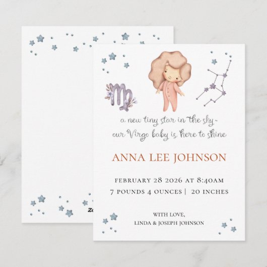 Virgo Zodiac Birth Announcement シーズンカード (正面/裏面)