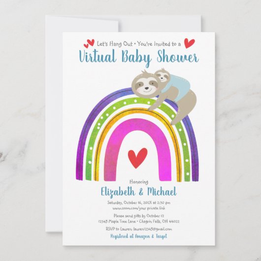 Virtual Boy Baby Shower Cute Sloths & Boho Rainbow 招待状 (正面)