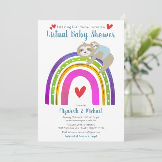 Virtual Boy Baby Shower Cute Sloths & Boho Rainbow 招待状 (スタンド正面)