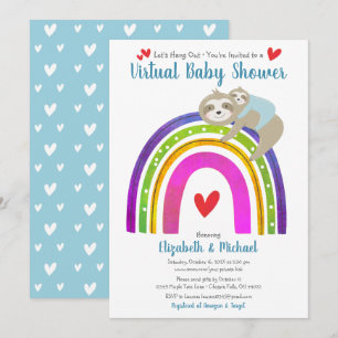 Virtual Boy Baby Shower Cute Sloths & Boho Rainbow 招待状