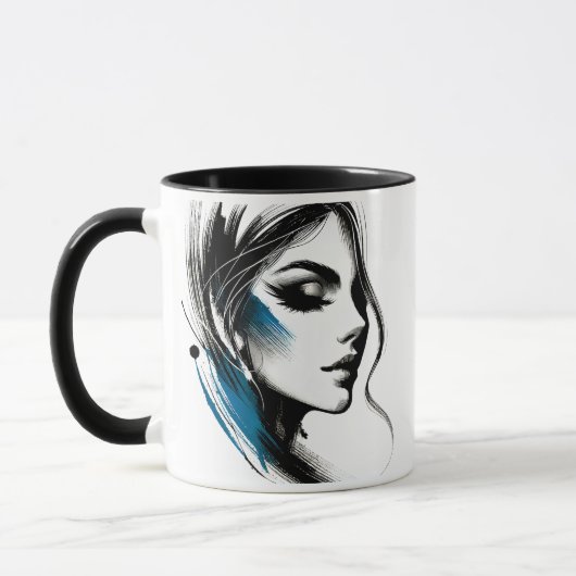 Visage d'une femme en noir et bleu. マグカップ (左)